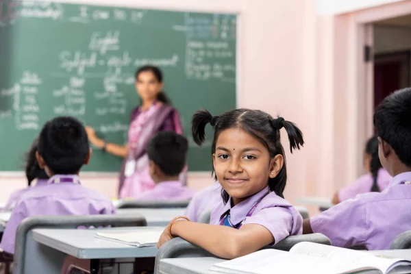 School children in a bright classroom